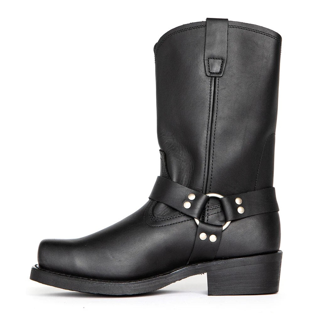 Men's Mid-Calf Cowboy Boots with Harness Strap and Square Toe