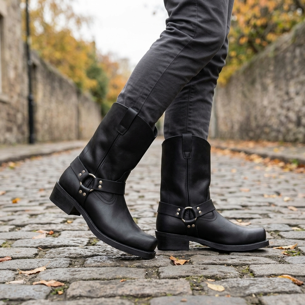 Men's Mid-Calf Cowboy Boots with Harness Strap and Square Toe
