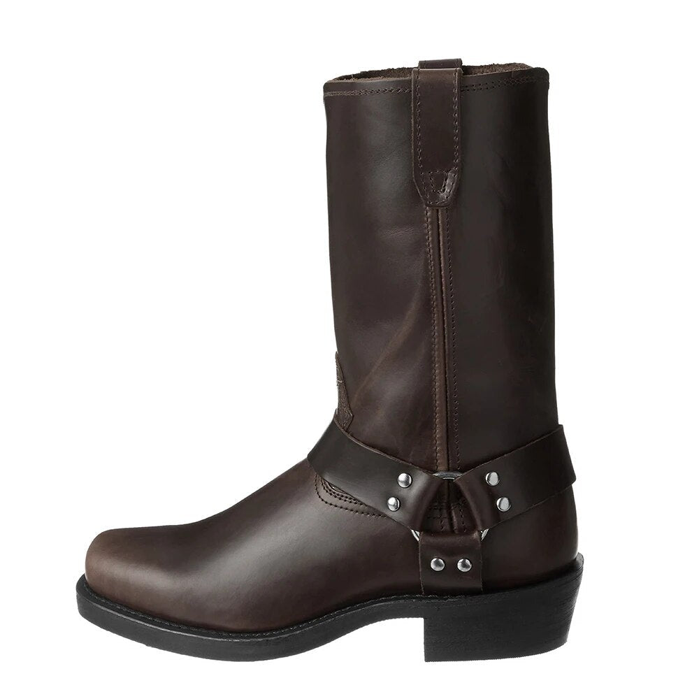 Men's Mid-Calf Cowboy Boots with Harness Strap and Square Toe
