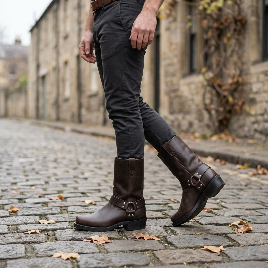 Men's Mid-Calf Cowboy Boots with Harness Strap and Square Toe