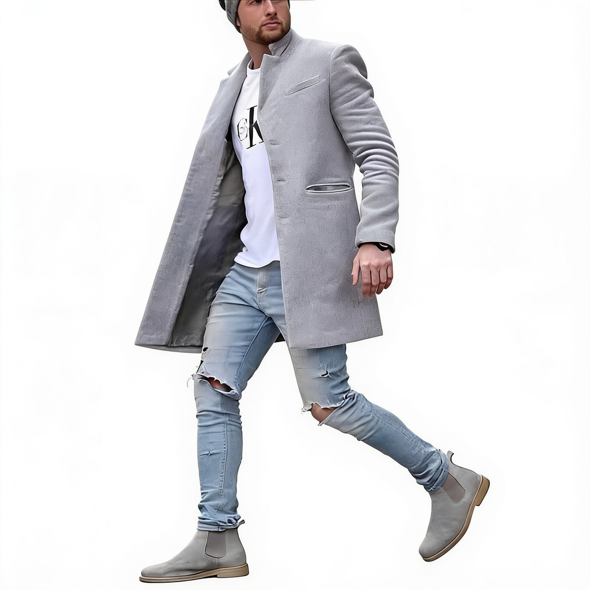 Men's Mid-Length Overcoat with Stand Collar and Flap Pockets