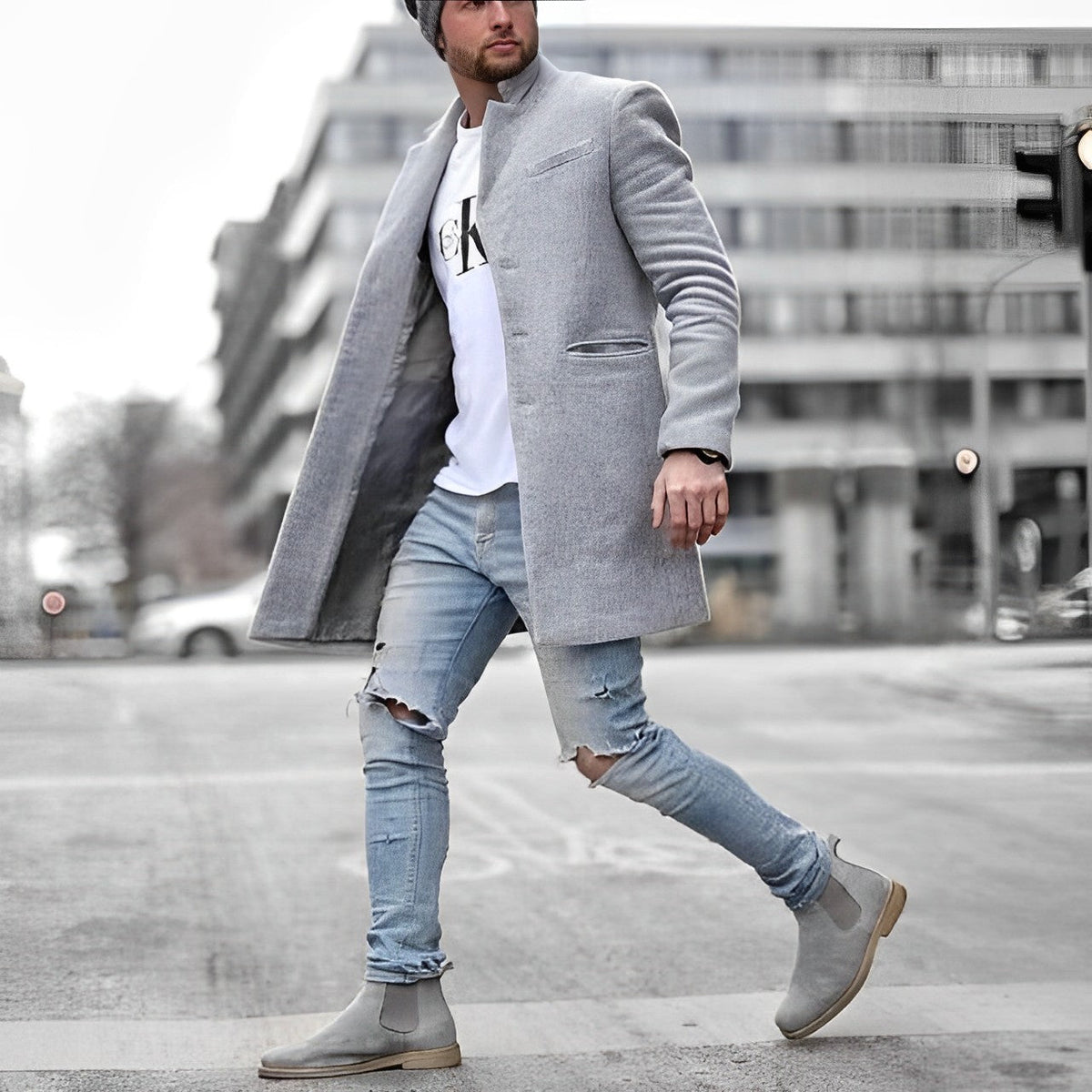 Men's Mid-Length Overcoat with Stand Collar and Flap Pockets