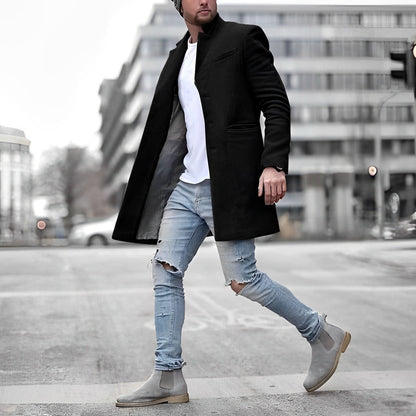 Men's Mid-Length Overcoat with Stand Collar and Flap Pockets