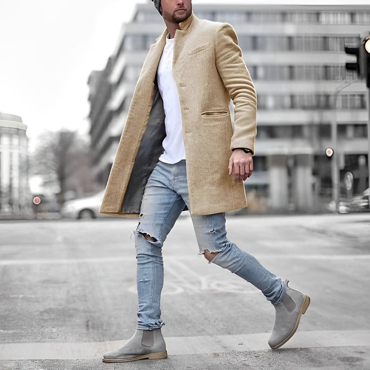 Men's Mid-Length Overcoat with Stand Collar and Flap Pockets