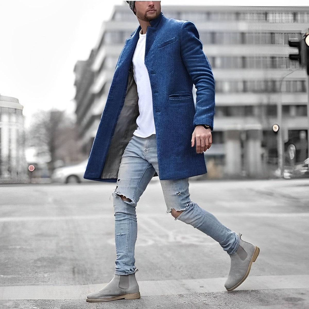 Men's Mid-Length Overcoat with Stand Collar and Flap Pockets
