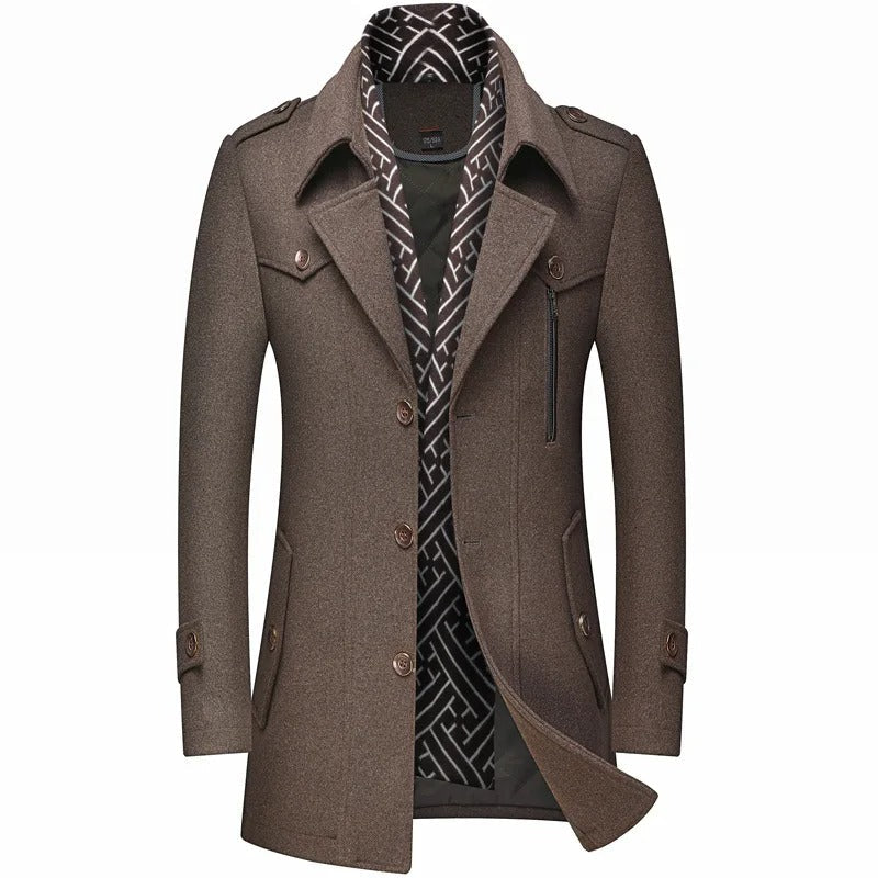 Men's Mid-Length Winter Coat with Wide Lapels and Chest Pockets