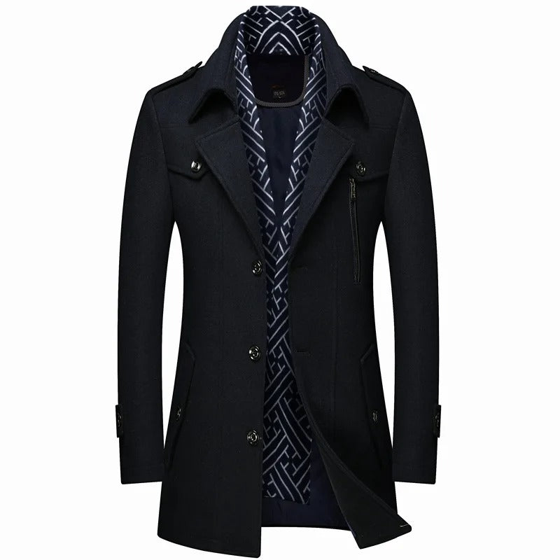 Men's Mid-Length Winter Coat with Wide Lapels and Chest Pockets