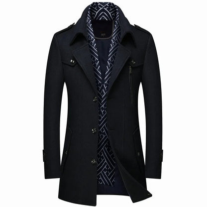 Men's Mid-Length Winter Coat with Wide Lapels and Chest Pockets