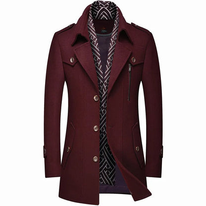 Men's Mid-Length Winter Coat with Wide Lapels and Chest Pockets