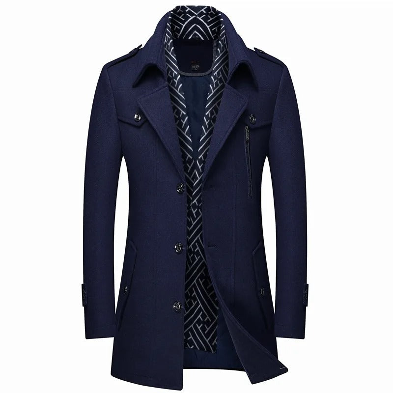 Men's Mid-Length Winter Coat with Wide Lapels and Chest Pockets