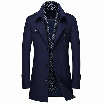 Men's Mid-Length Winter Coat with Wide Lapels and Chest Pockets