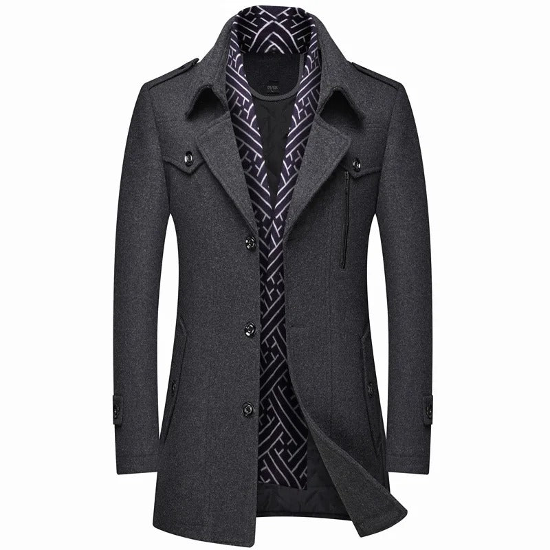 Men's Mid-Length Winter Coat with Wide Lapels and Chest Pockets
