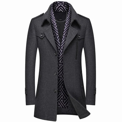 Men's Mid-Length Winter Coat with Wide Lapels and Chest Pockets