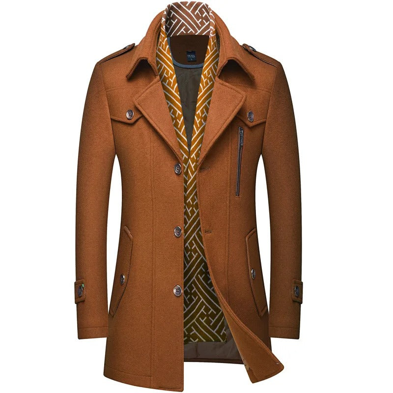 Men's Mid-Length Winter Coat with Wide Lapels and Chest Pockets