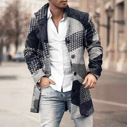 Men's Mid-Length Winter Overcoat with Patchwork Houndstooth Pattern and Turn-Down Collar