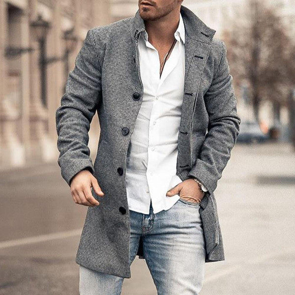 Men's Mid-Length Winter Overcoat with Patchwork Houndstooth Pattern and Turn-Down Collar
