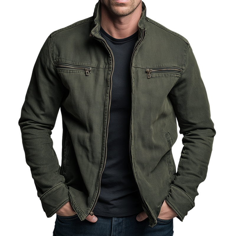 Men's Mid-Season Jacket with Stand Collar and Zip Closure