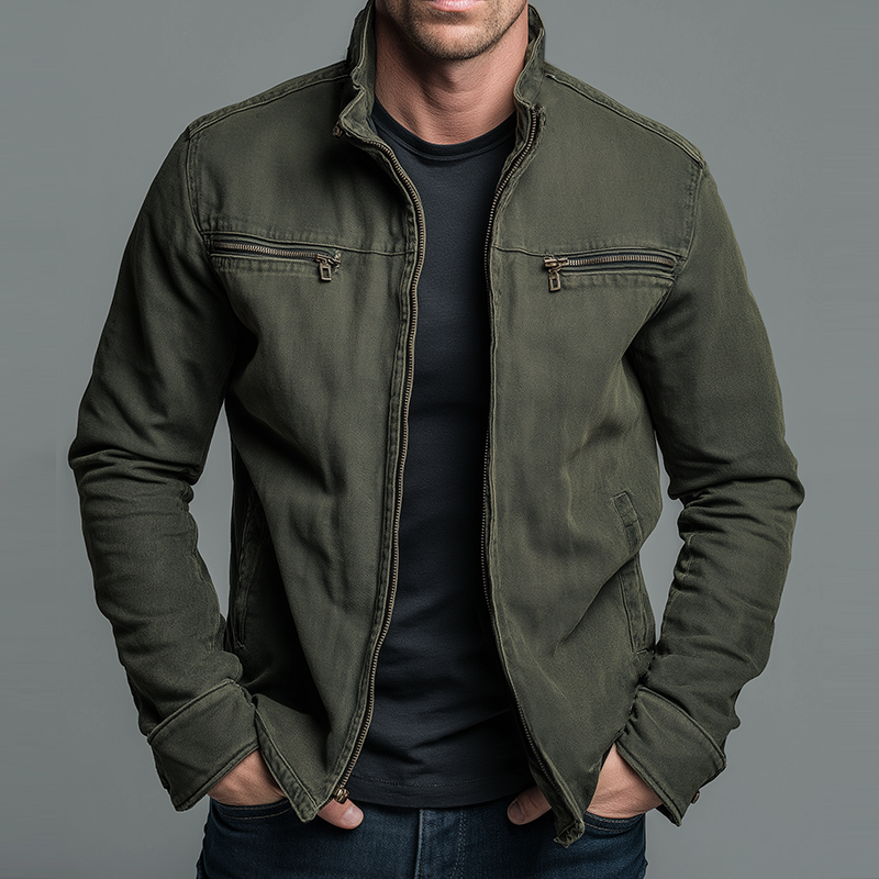 Men's Mid-Season Jacket with Stand Collar and Zip Closure