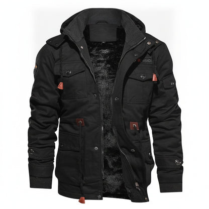 Men's Military Cargo Winter Jacket with Hood and Multi-Pocket Design