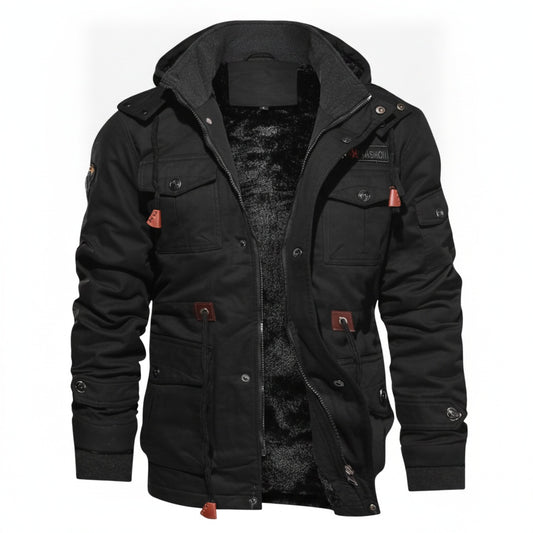 Men's Military Cargo Winter Jacket with Hood and Multi-Pocket Design