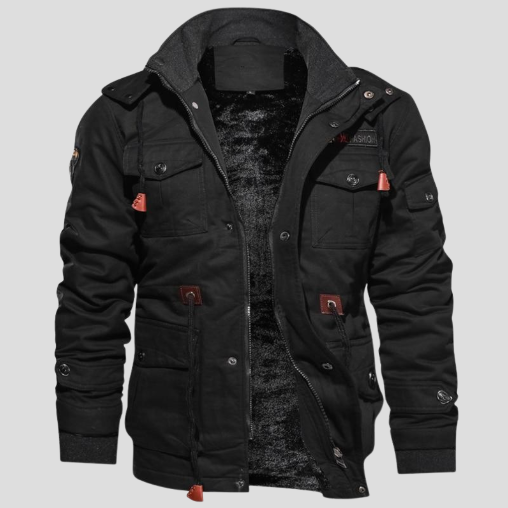 Men's Military Cargo Winter Jacket with Hood and Multi-Pocket Design