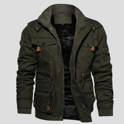 Men's Military Cargo Winter Jacket with Hood and Multi-Pocket Design