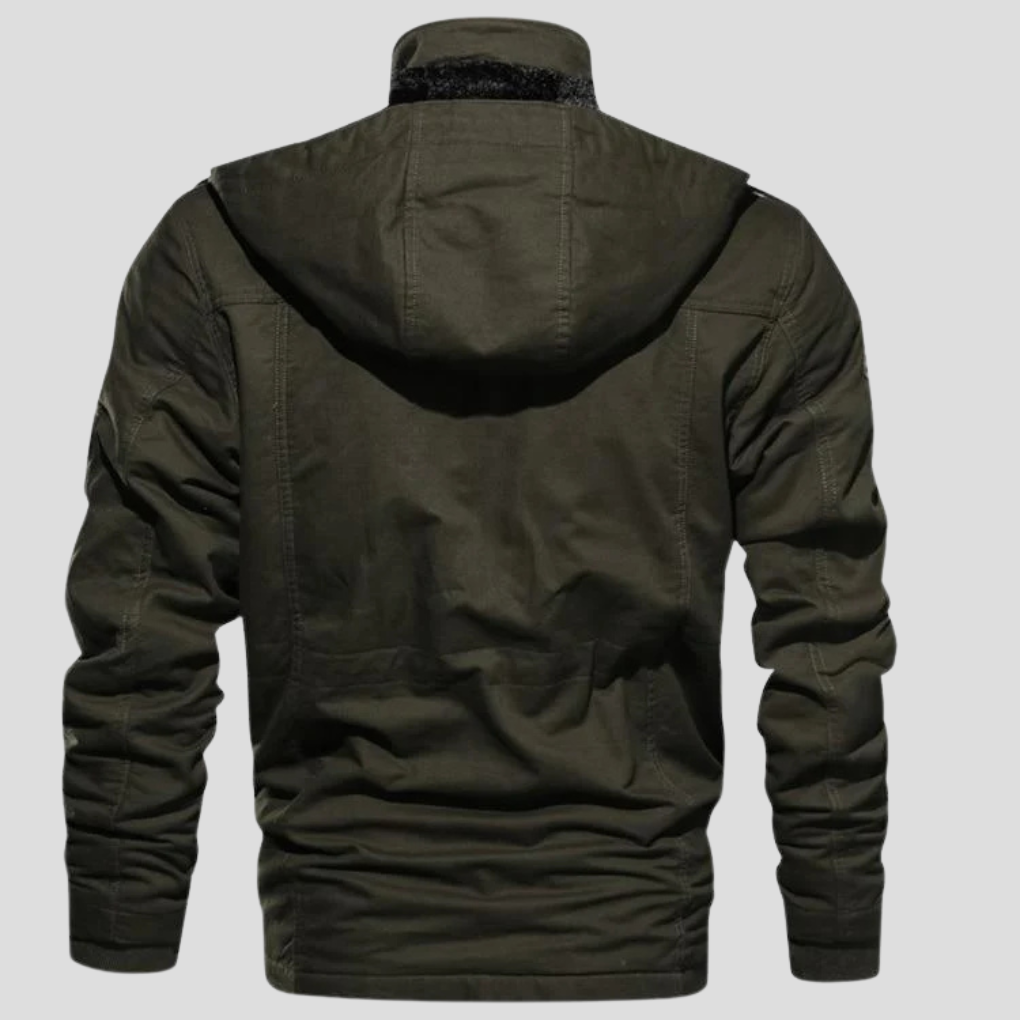 Men's Military Cargo Winter Jacket with Hood and Multi-Pocket Design