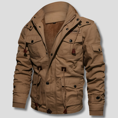 Men's Military Cargo Winter Jacket with Hood and Multi-Pocket Design