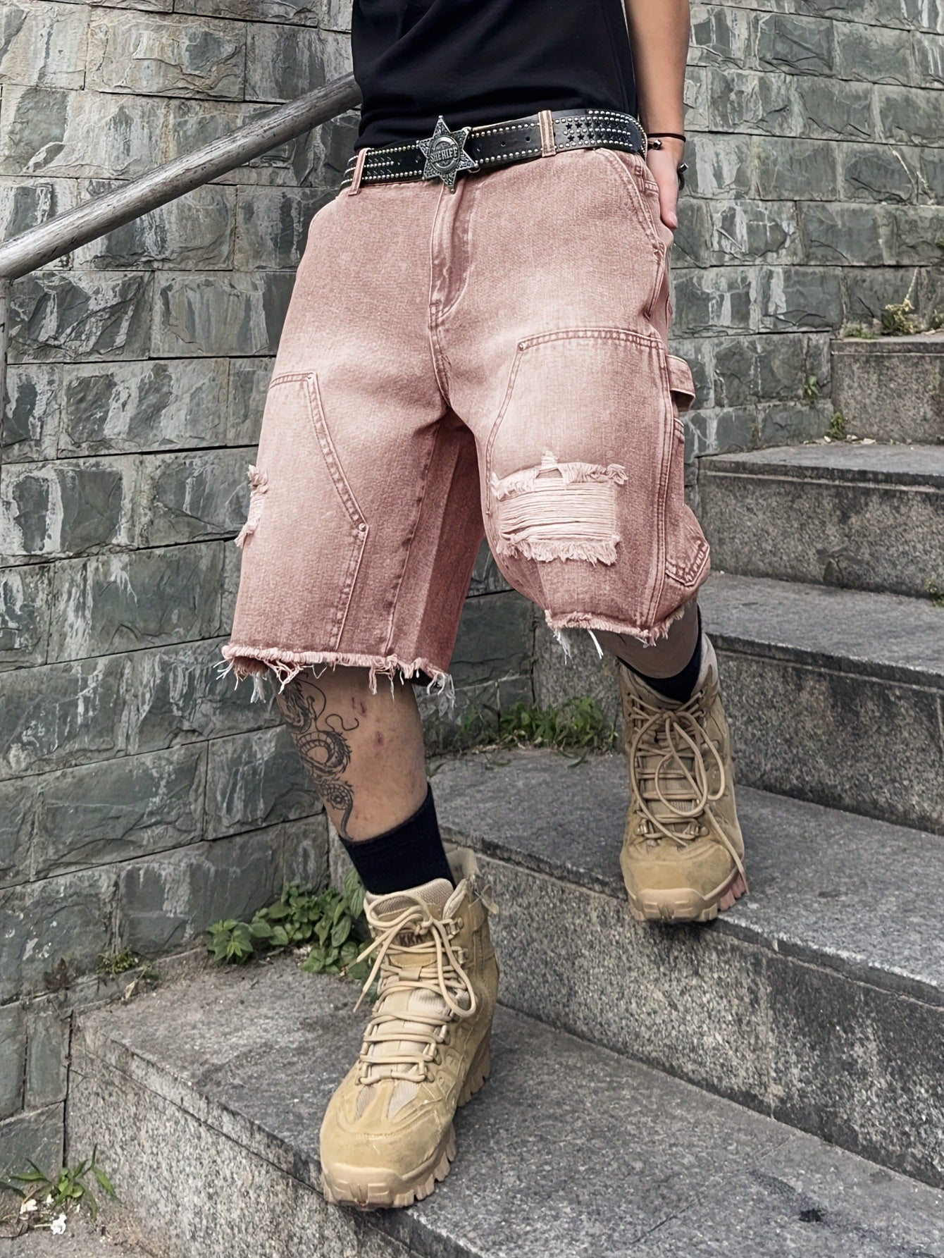 Men's Multi-Pocket Shorts with Frayed Hem