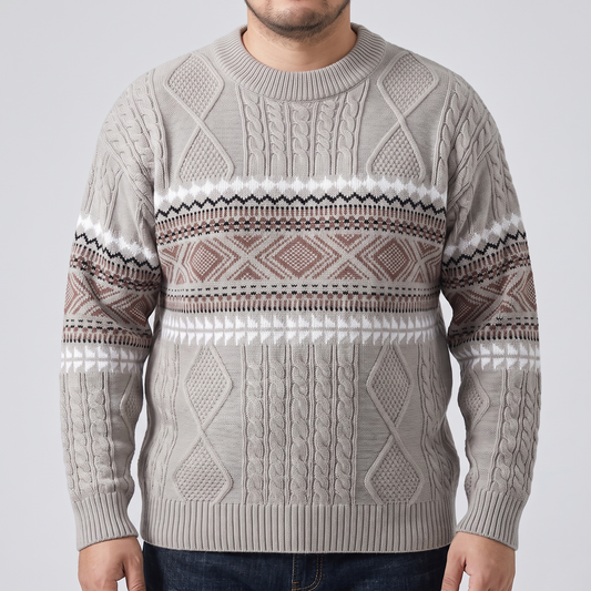 Men's Nordic Knit Sweater with Jacquard Pattern and Cable Detail