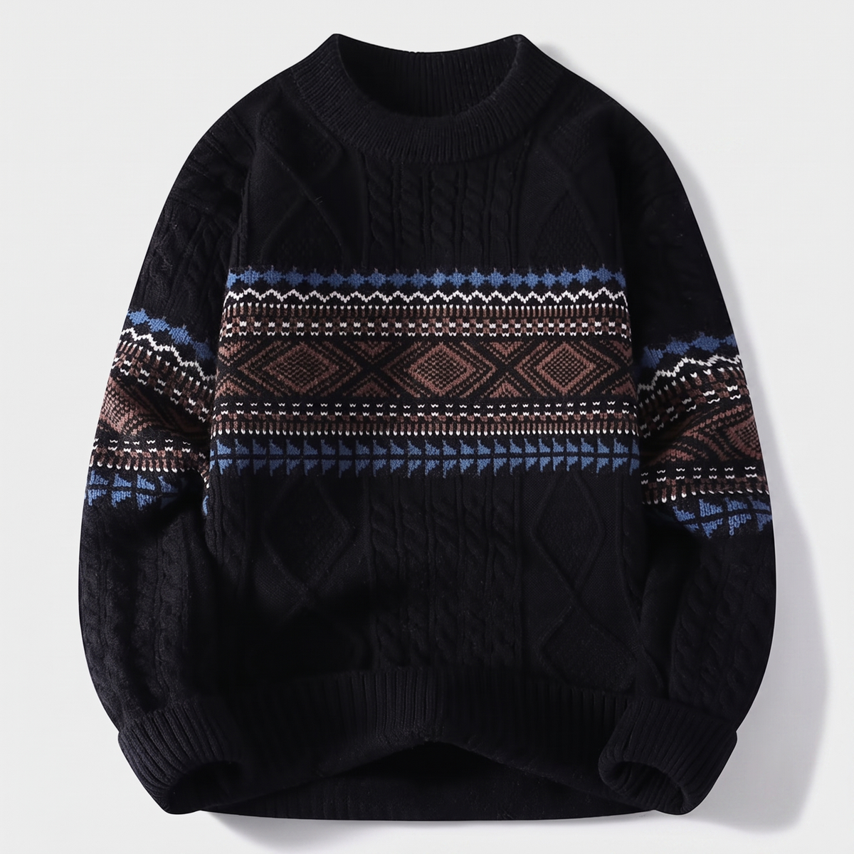 Men's Nordic Knit Sweater with Jacquard Pattern and Cable Detail