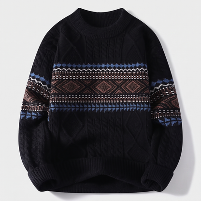 Men's Nordic Knit Sweater with Jacquard Pattern and Cable Detail