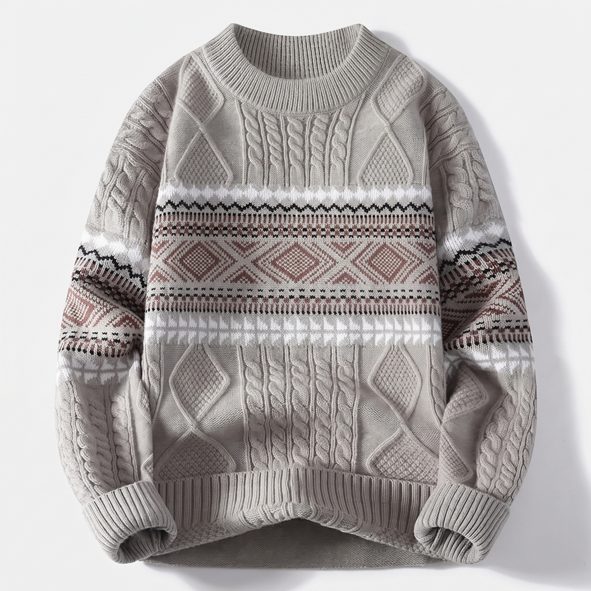 Men's Nordic Knit Sweater with Jacquard Pattern and Cable Detail