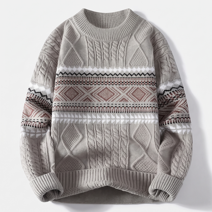 Men's Nordic Knit Sweater with Jacquard Pattern and Cable Detail