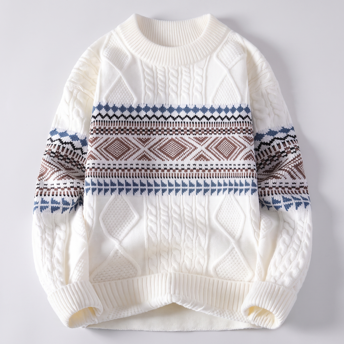 Men's Nordic Knit Sweater with Jacquard Pattern and Cable Detail