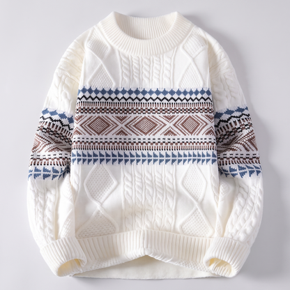 Men's Nordic Knit Sweater with Jacquard Pattern and Cable Detail