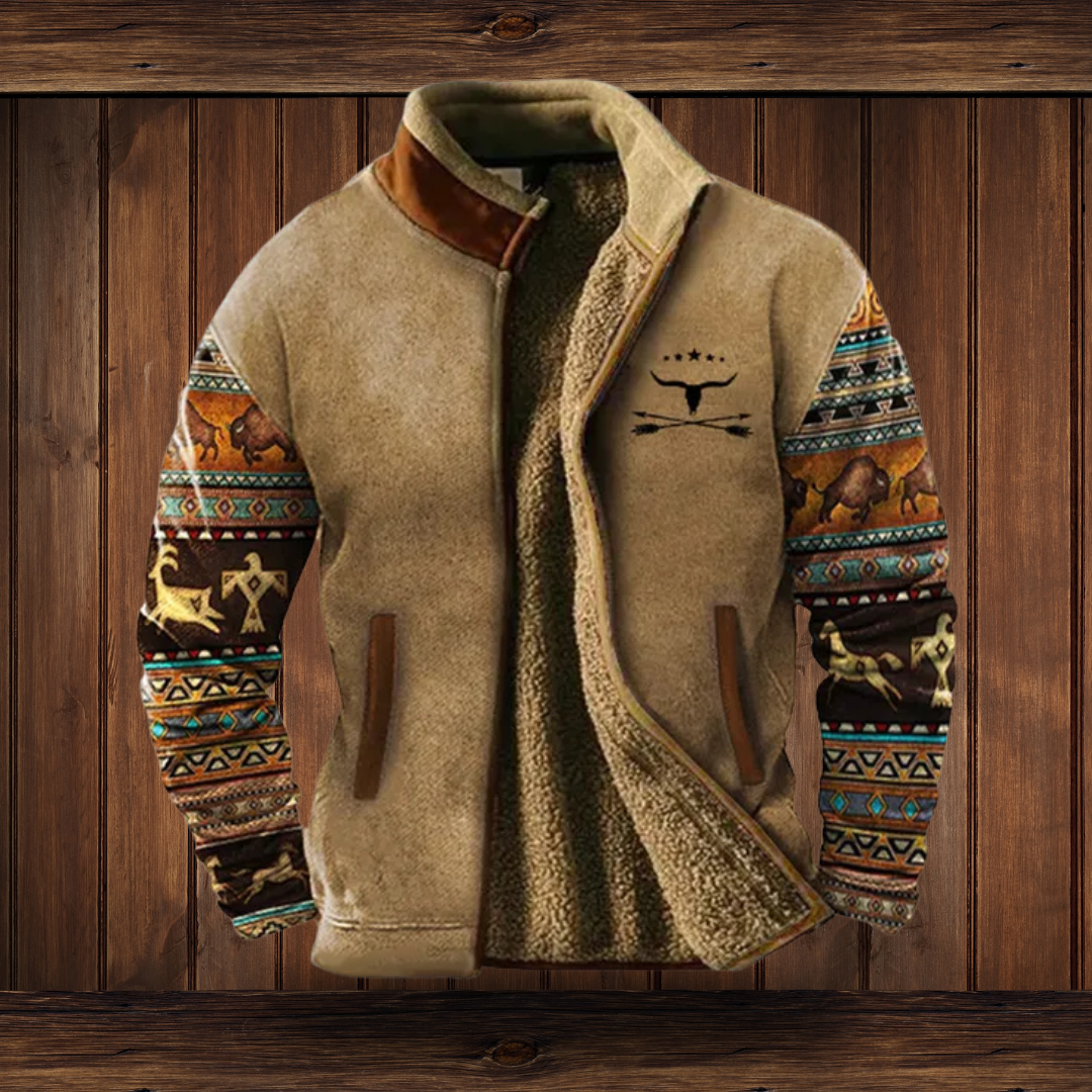 Men's Outdoor Fleece Jacket with Aztec Print Sleeves and Stand Collar