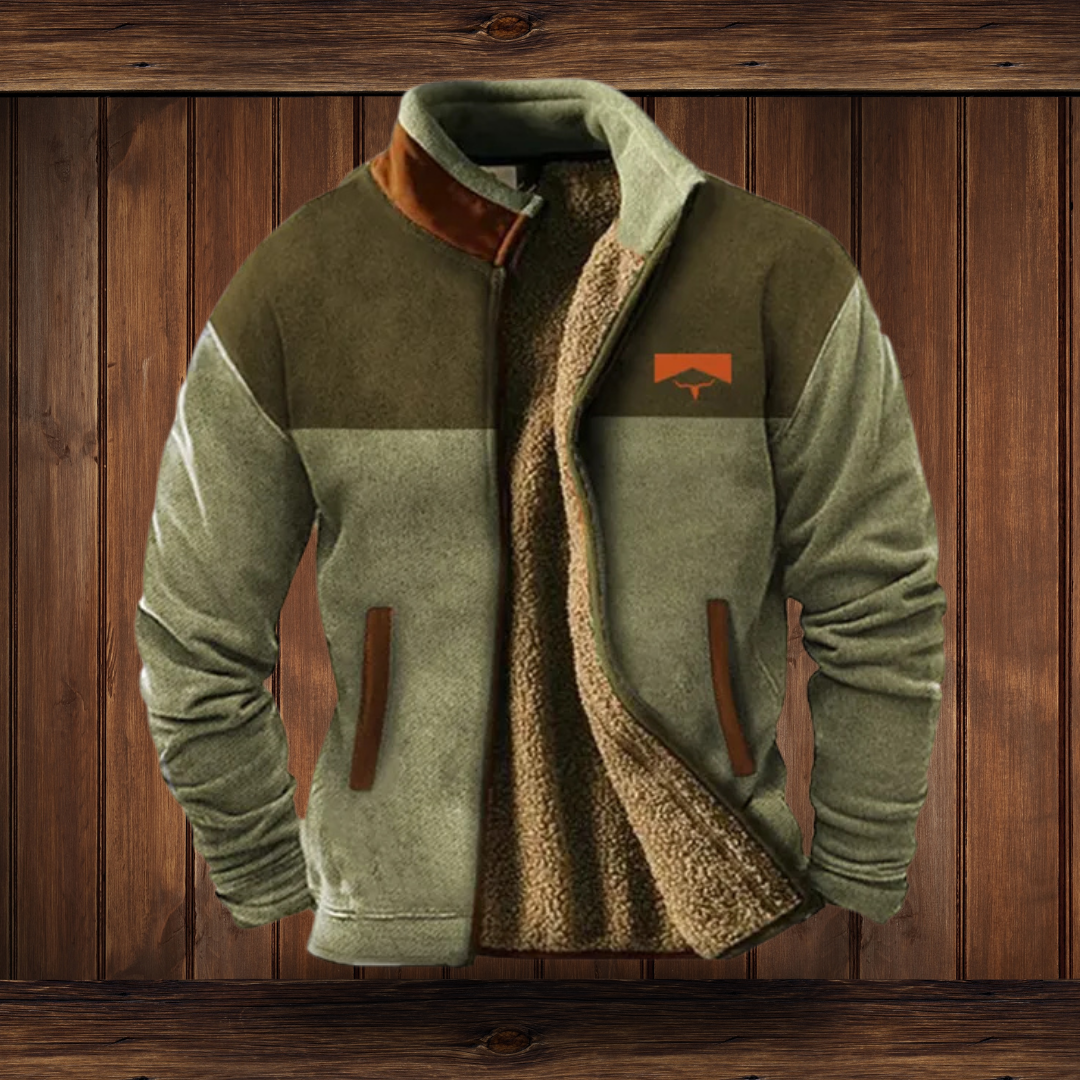 Men's Outdoor Fleece Jacket with Aztec Print Sleeves and Stand Collar