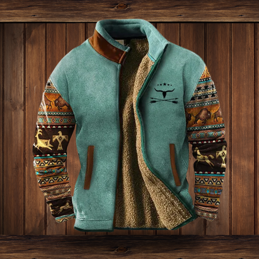 Men's Outdoor Fleece Jacket with Aztec Print Sleeves and Stand Collar