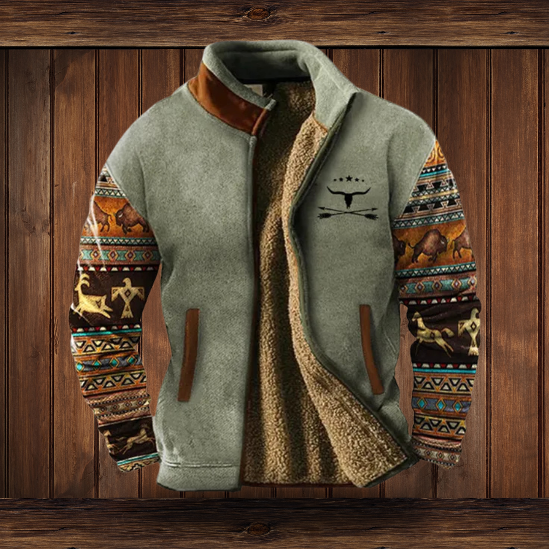 Men's Outdoor Fleece Jacket with Aztec Print Sleeves and Stand Collar