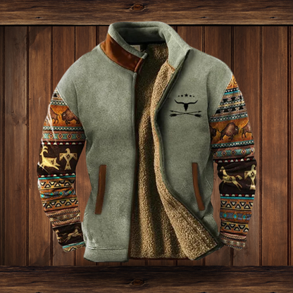 Men's Outdoor Fleece Jacket with Aztec Print Sleeves and Stand Collar
