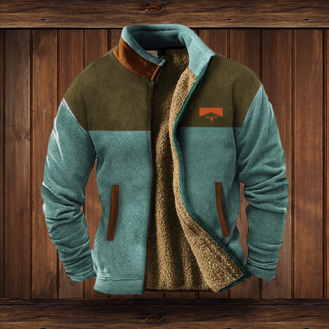 Men's Outdoor Fleece Jacket with Aztec Print Sleeves and Stand Collar
