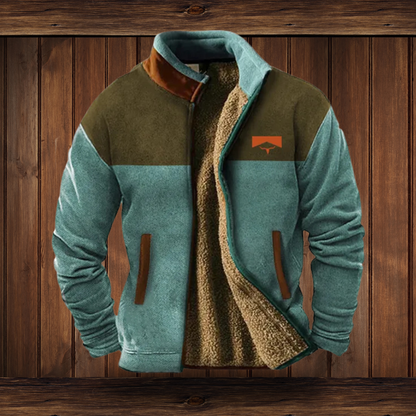 Men's Outdoor Fleece Jacket with Aztec Print Sleeves and Stand Collar