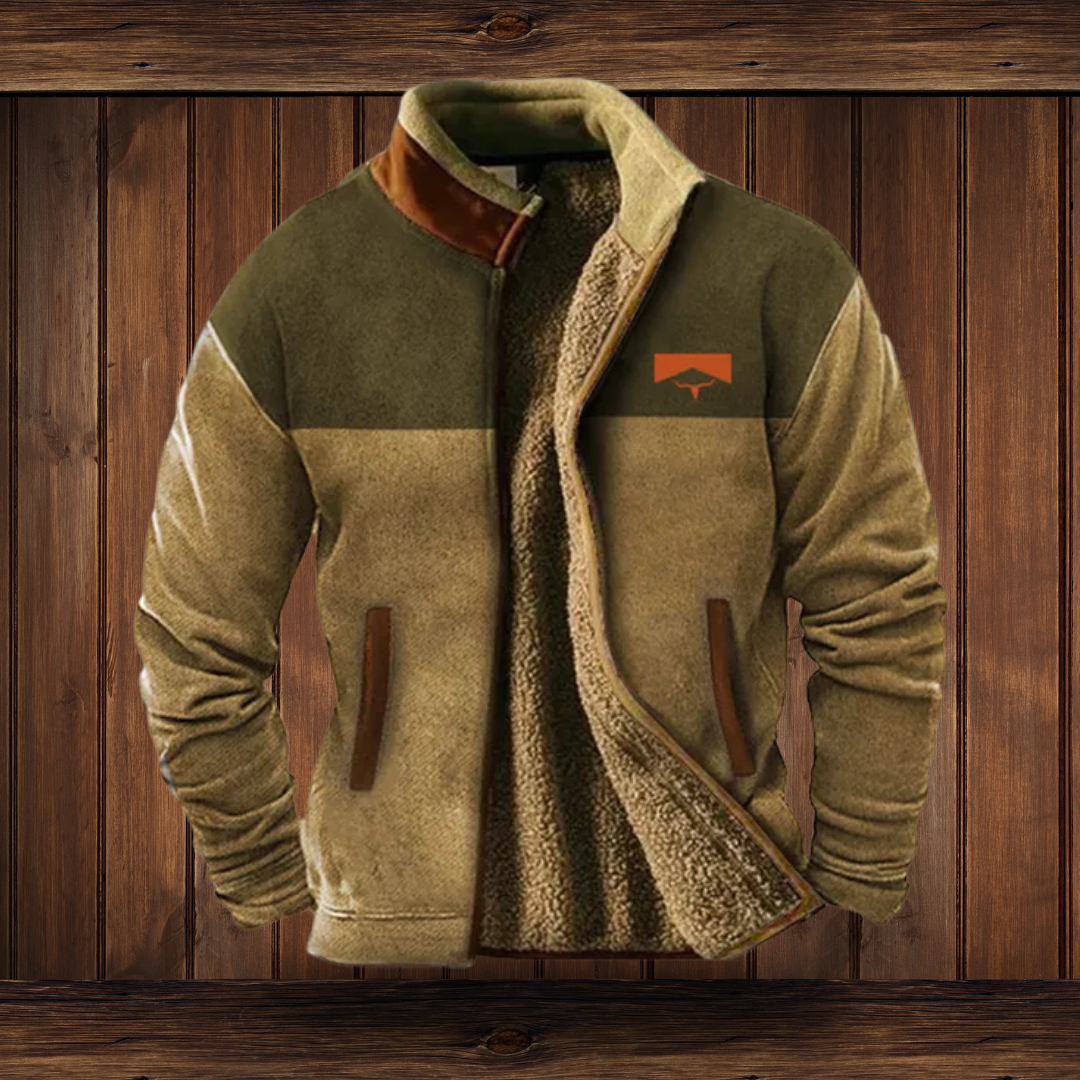 Men's Outdoor Fleece Jacket with Aztec Print Sleeves and Stand Collar