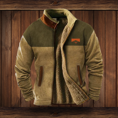 Men's Outdoor Fleece Jacket with Aztec Print Sleeves and Stand Collar