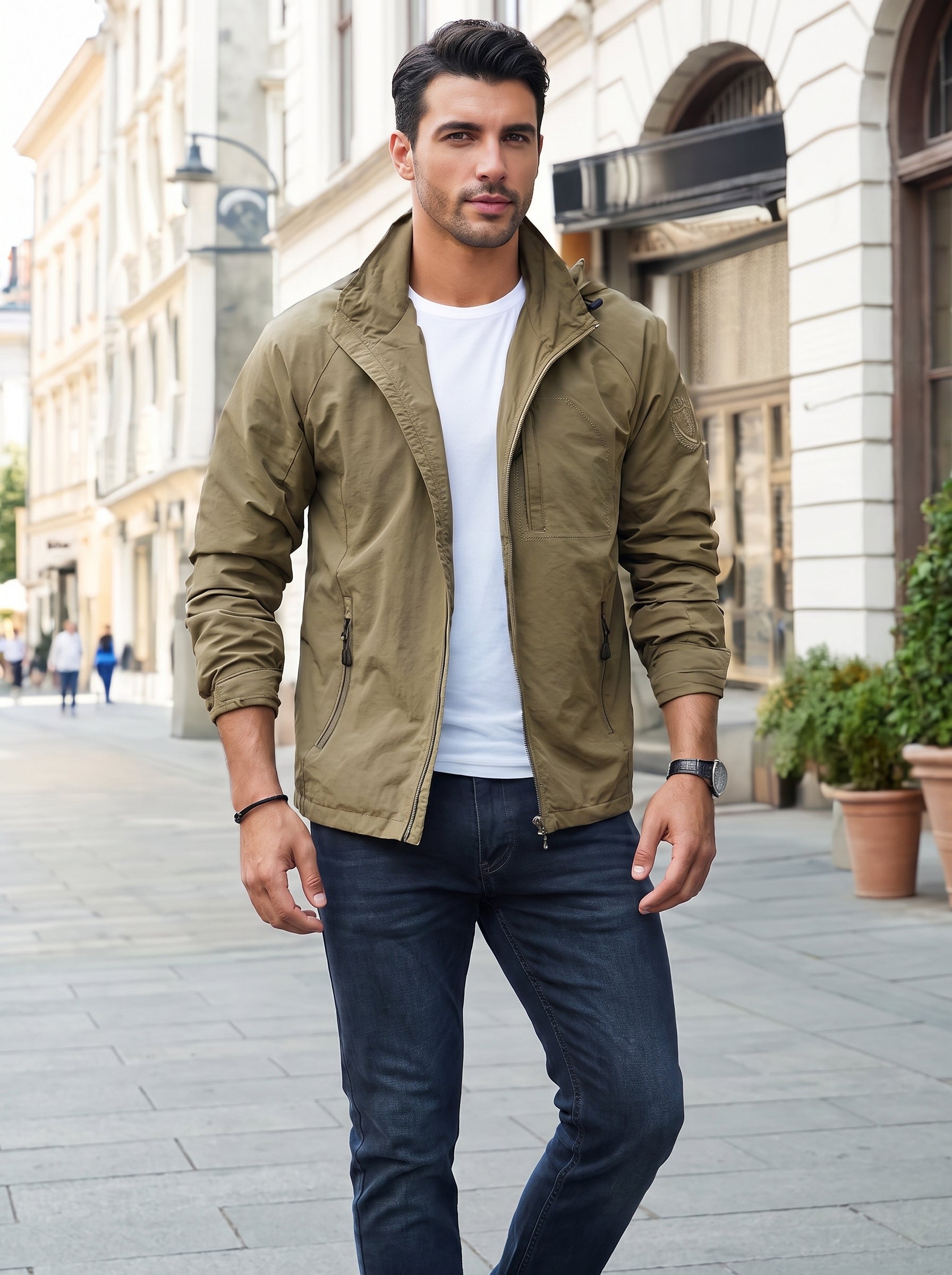 Men's Outdoor Jacket with Hood and Zip Closure