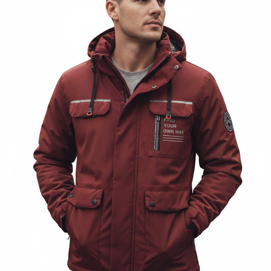Men's Outdoor Jacket with Hood, Zip Closure and Multiple Pockets