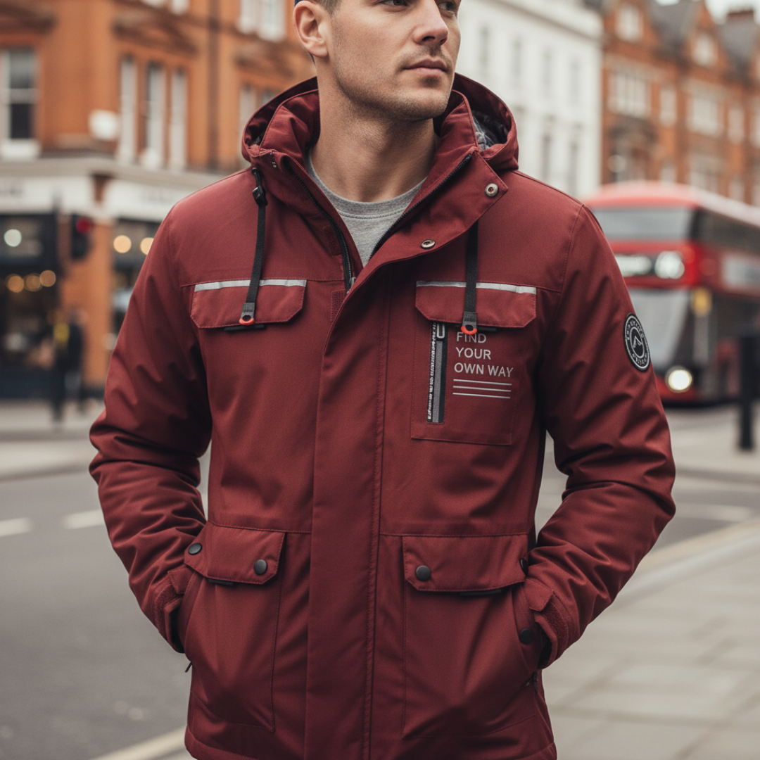 Men's Outdoor Jacket with Hood, Zip Closure and Multiple Pockets