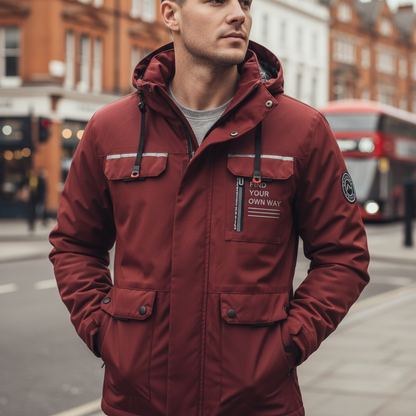 Men's Outdoor Jacket with Hood, Zip Closure and Multiple Pockets