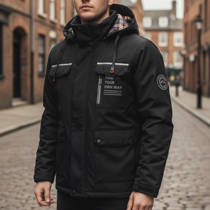 Men's Outdoor Jacket with Hood, Zip Closure and Multiple Pockets